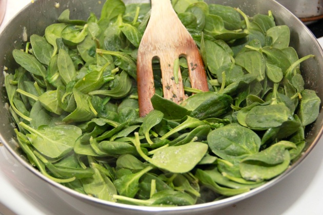 Preparing Spinach topping for Polenta Pizza